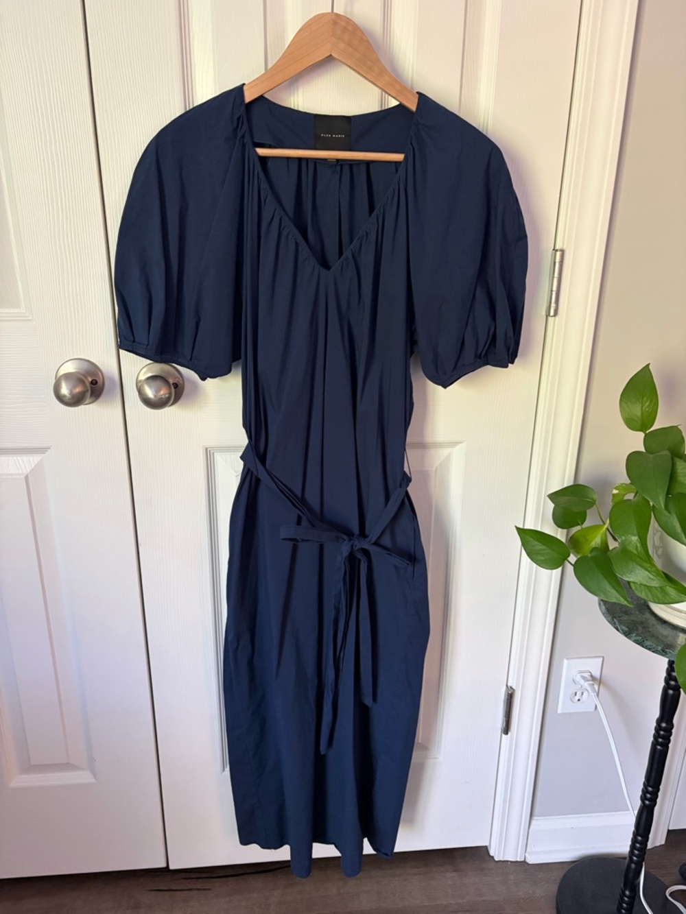 Alex Marie Navy Puff Sleeve Midi Dress